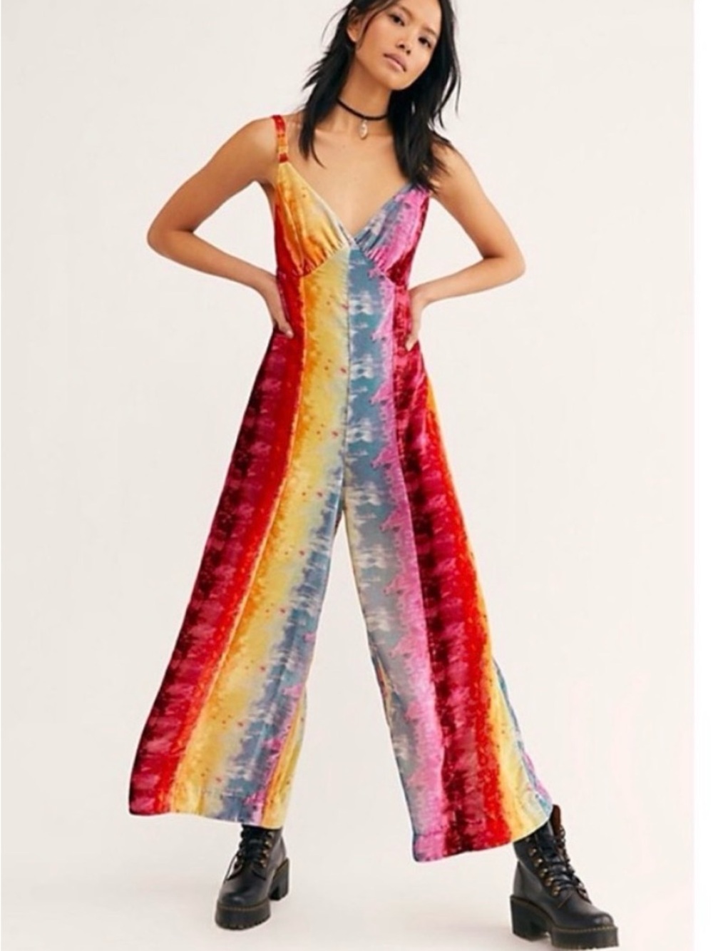 🌈 NWT Free People Rainbow Velvet Wide-Leg Jumpsuit